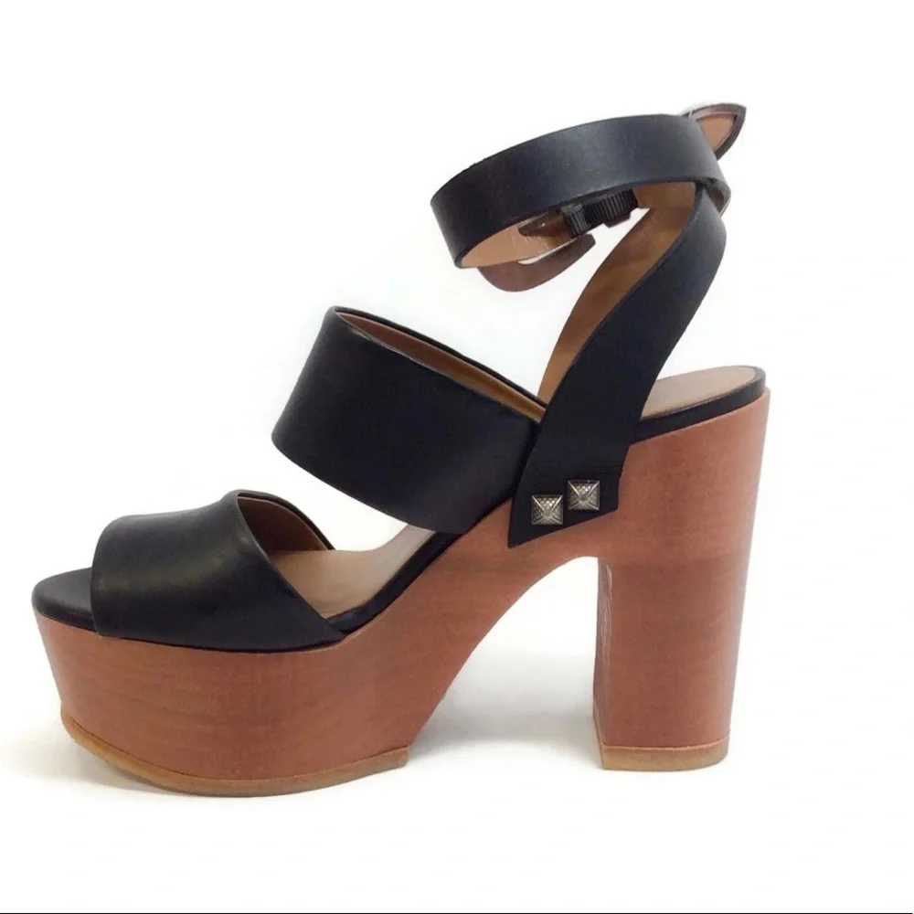 NEW Sonia Rykiel Black Leather/Wood Platforms 38